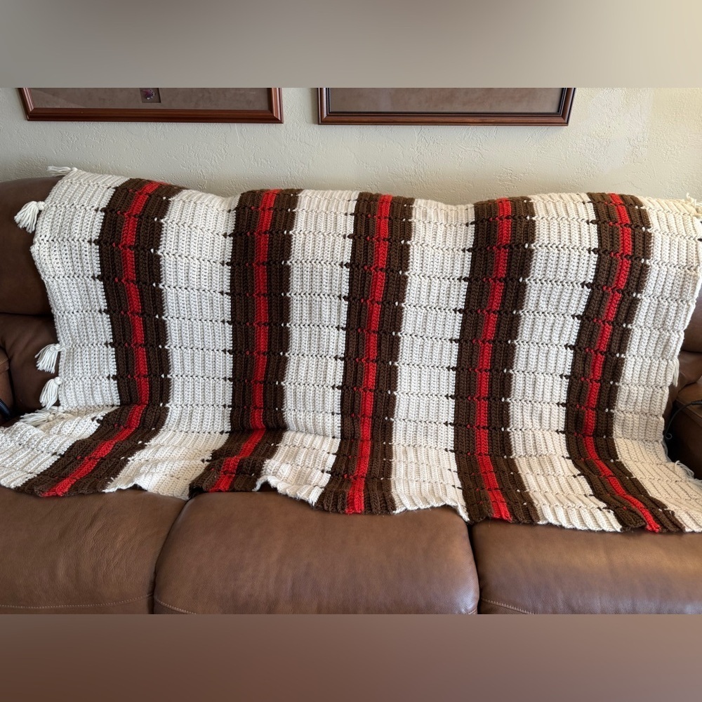 Vintage Hand Made Crocheted Afghan Red and Brown Striped Retro Throw Blanket